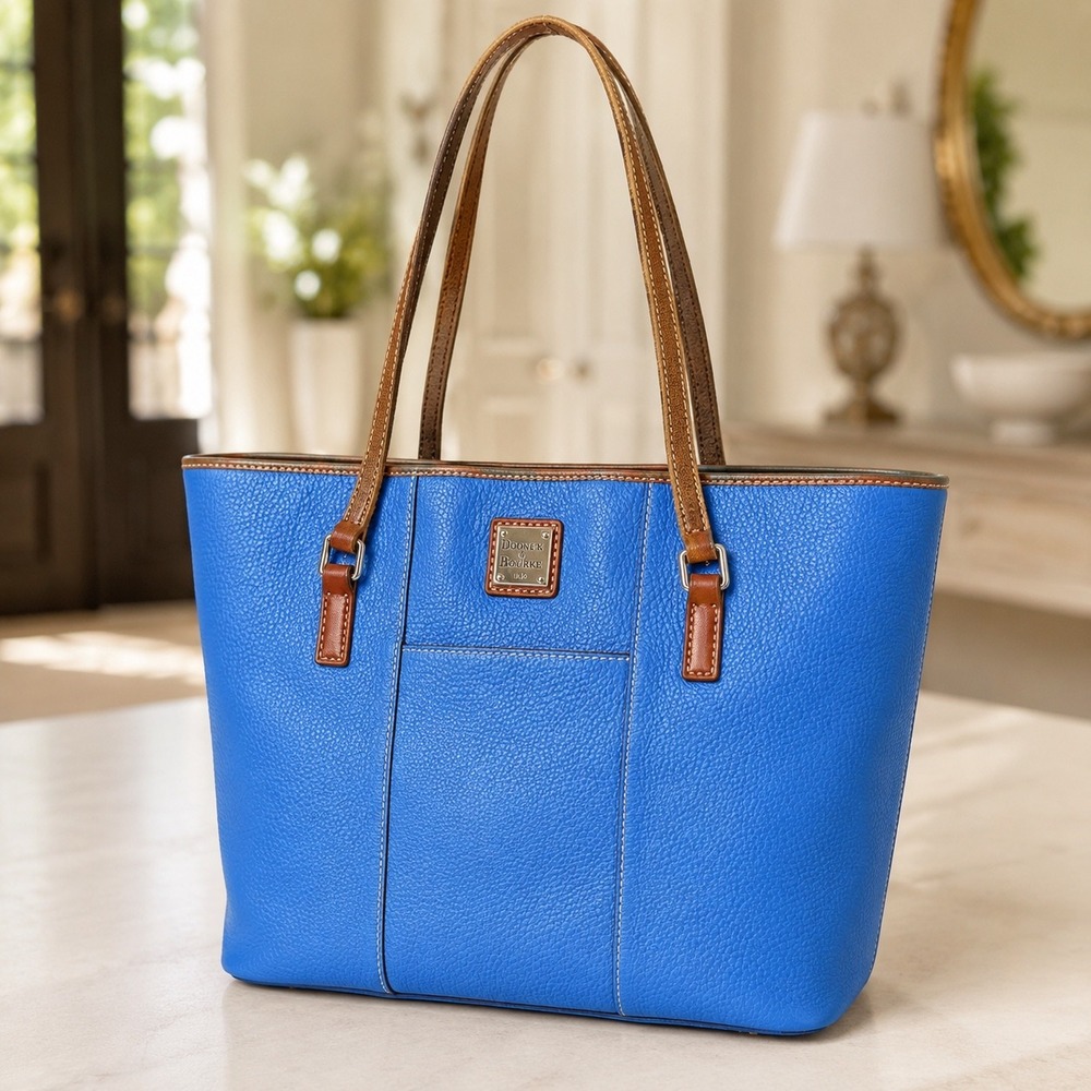 Dooney & Bourke Blue Pebbled Leather Tote Bag Brown Trim Red Lining Gold Tone